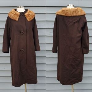 Vintage 50s Union Made Brown Jackie O Kennedy Mod Fur Collar Trench Coat Md/Lg